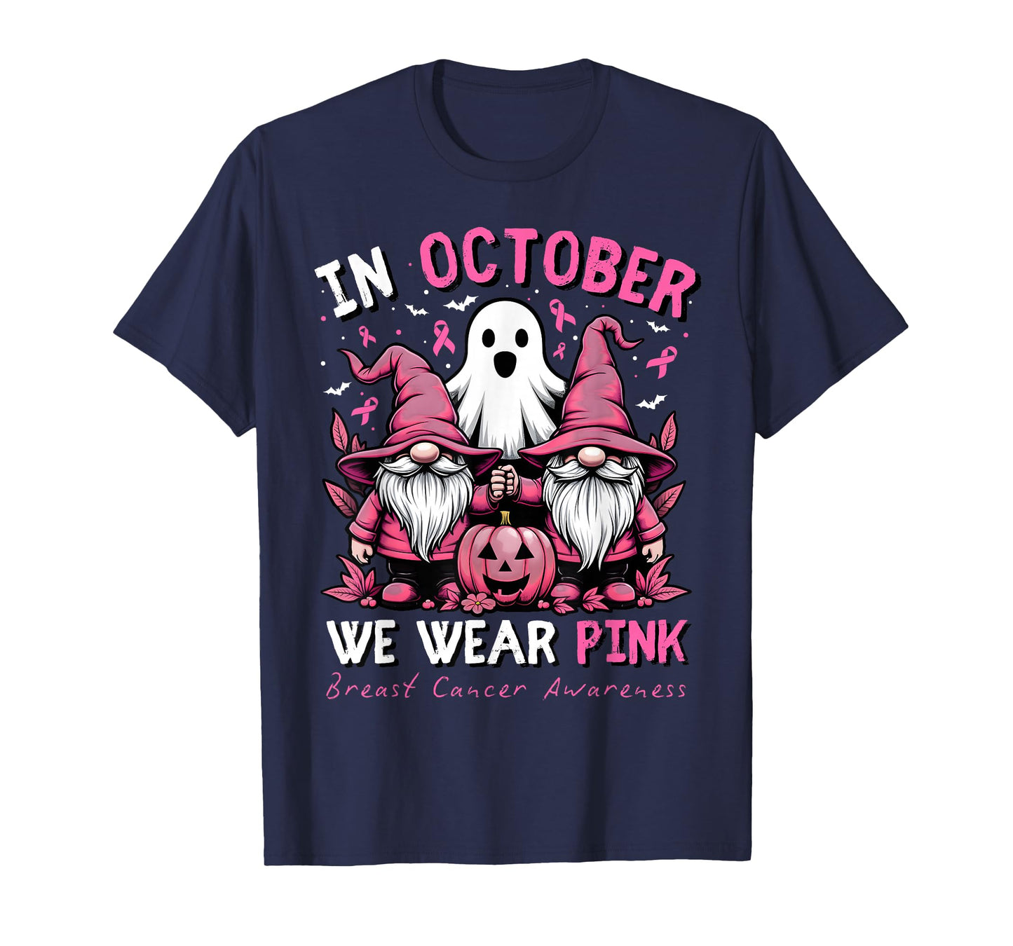 In October We Wear Pink Ghost Gnomes Breast Cancer Awareness T-Shirt