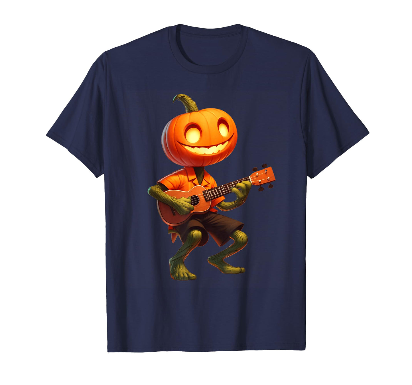 Pumpkin Face Playing Ukulele Halloween Costume Men Boys Kids T-Shirt