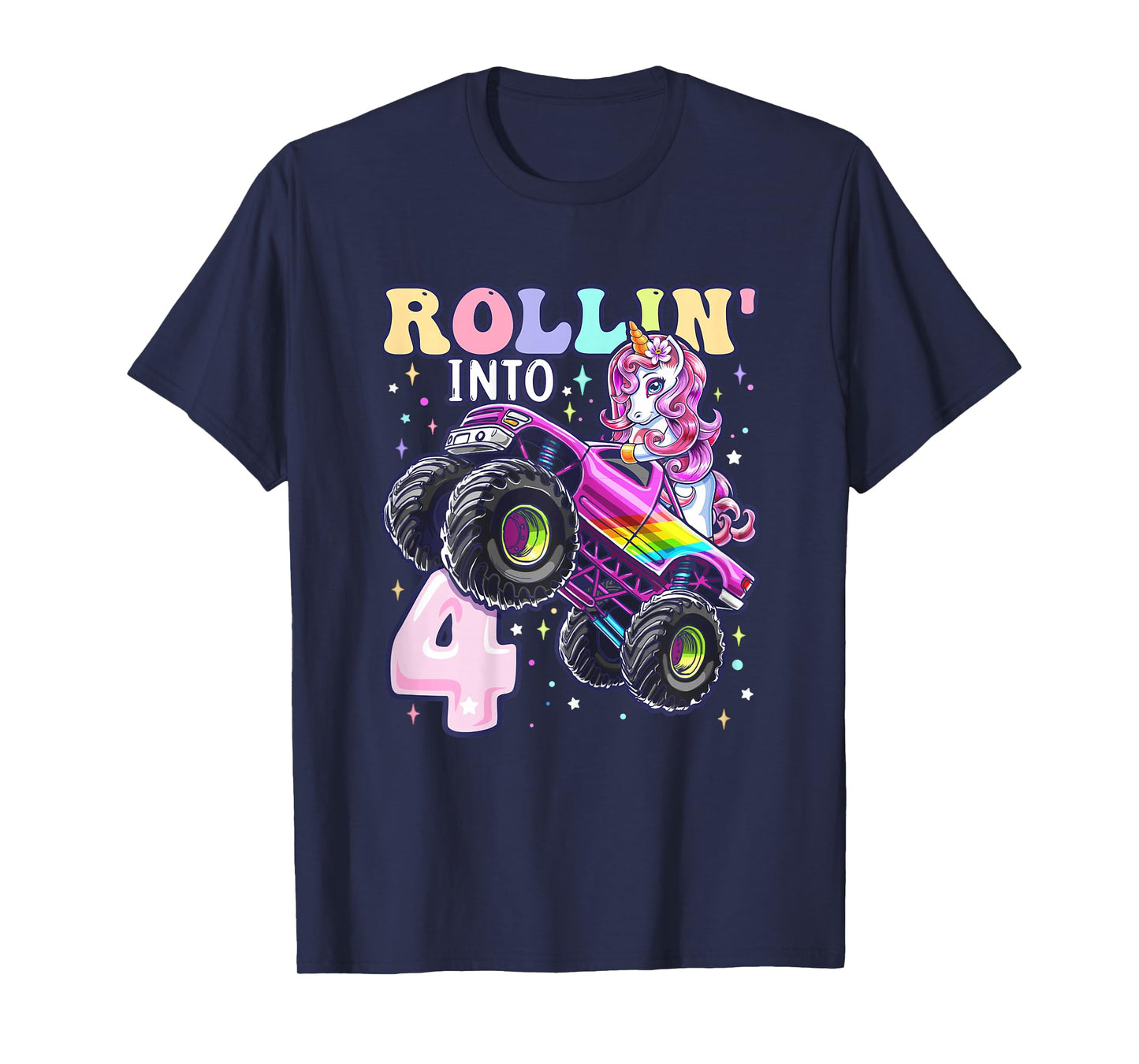 Unicorn Monster Truck 4th Birthday 4 Year Old Girls Party T-Shirt