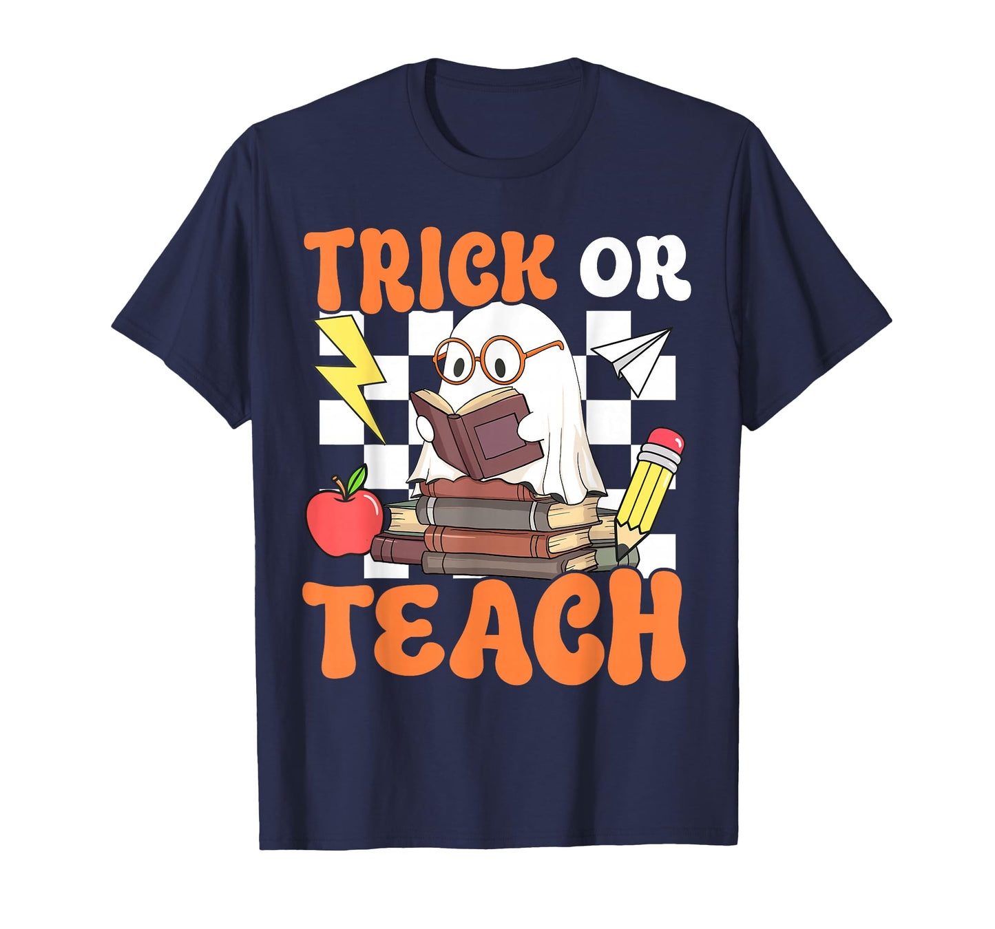 Trick or Teach Retro Halloween Teacher Reading Ghost Womens T-Shirt