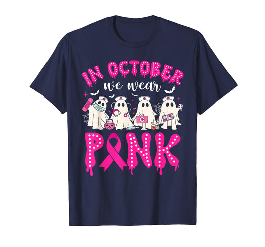 in October We Wear Pink Ribbon Ghost Nurse Halloween Women T-Shirt