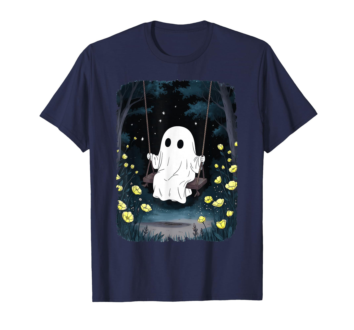 Vintage Ghost Swinging in Forest Night Halloween Floral T-Shirt