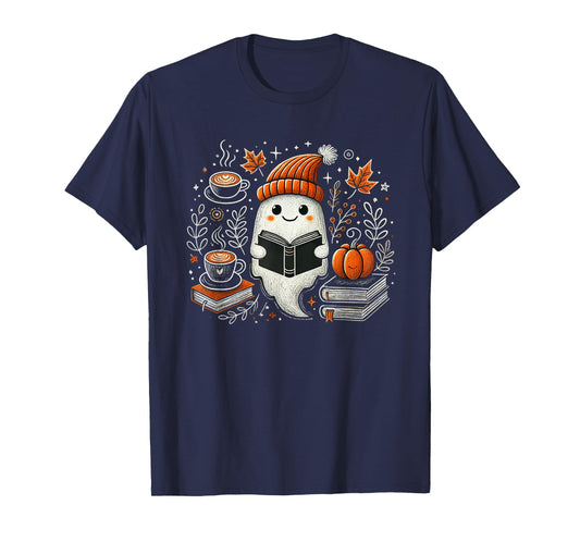 Ghost Reading Book Pumpkin Coffee Autumn Leaves Fall Spirit T-Shirt