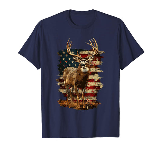 Whitetail Buck Deer Hunting 4th of July USA American Flag T-Shirt