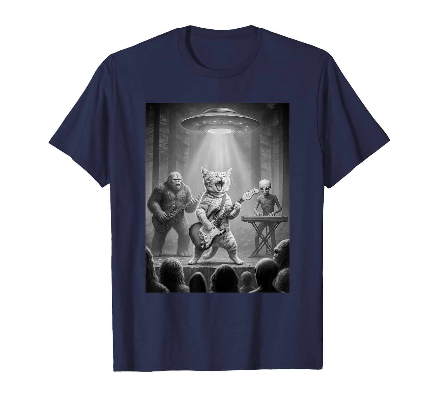 Cat Playing Guitar Bigfoot Alien Rock Star UFO Graphic Men T-Shirt