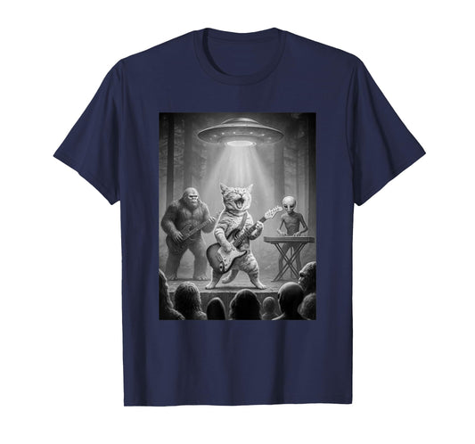 Cat Playing Guitar Bigfoot Alien Rock Star UFO Graphic Men T-Shirt