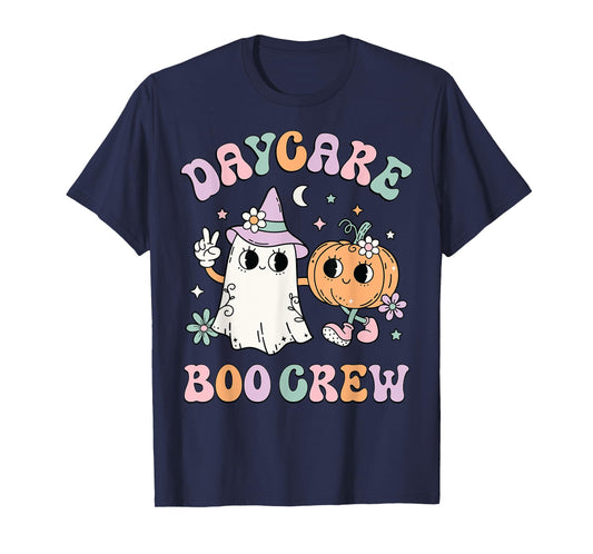 Daycare Boo Crew Groovy Halloween Floral Ghost Kid Teacher T-Shirt