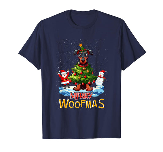 Doberman Merry Christmas Tree Lights Dog X-Mas Dogs T-Shirt