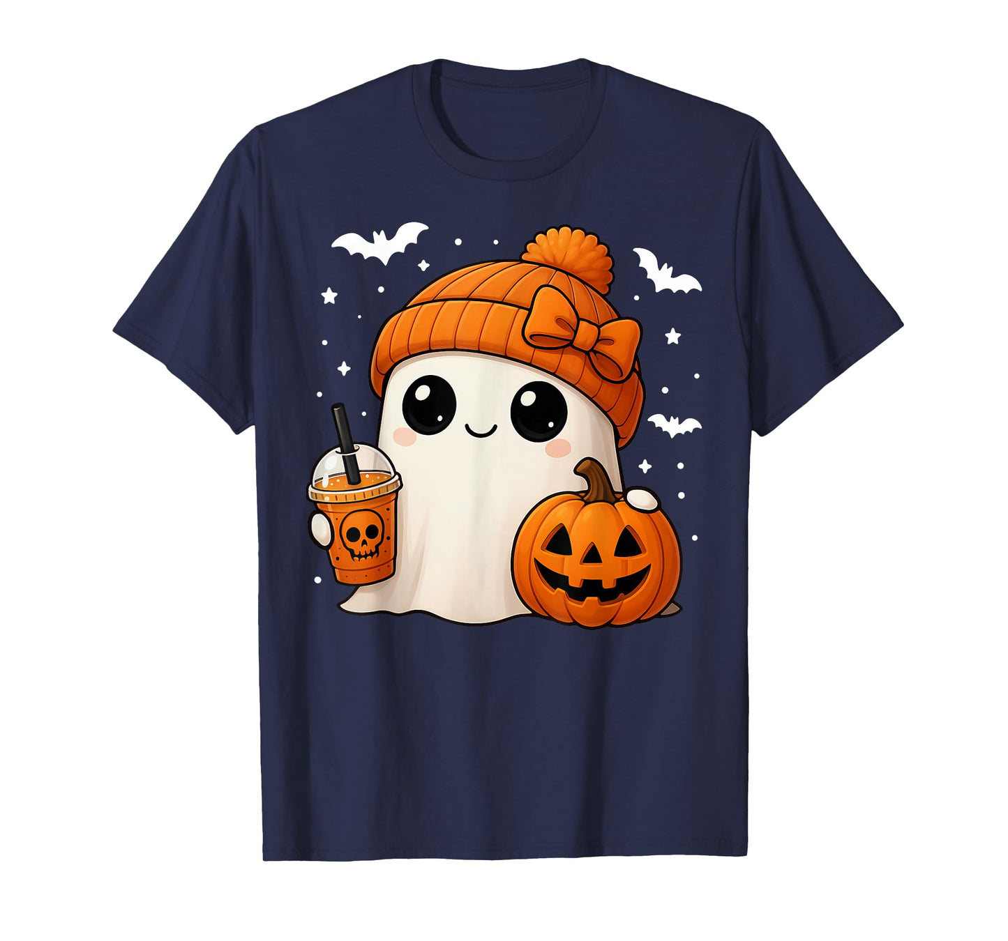 Halloween Cute Ghost Drink Pumpkin Women Girl Bow T-Shirt