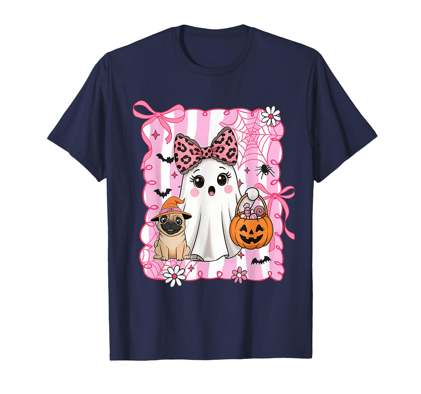 Preppy Spooky Vibes Pink Ghost Dog Halloween Women Girls T-Shirt