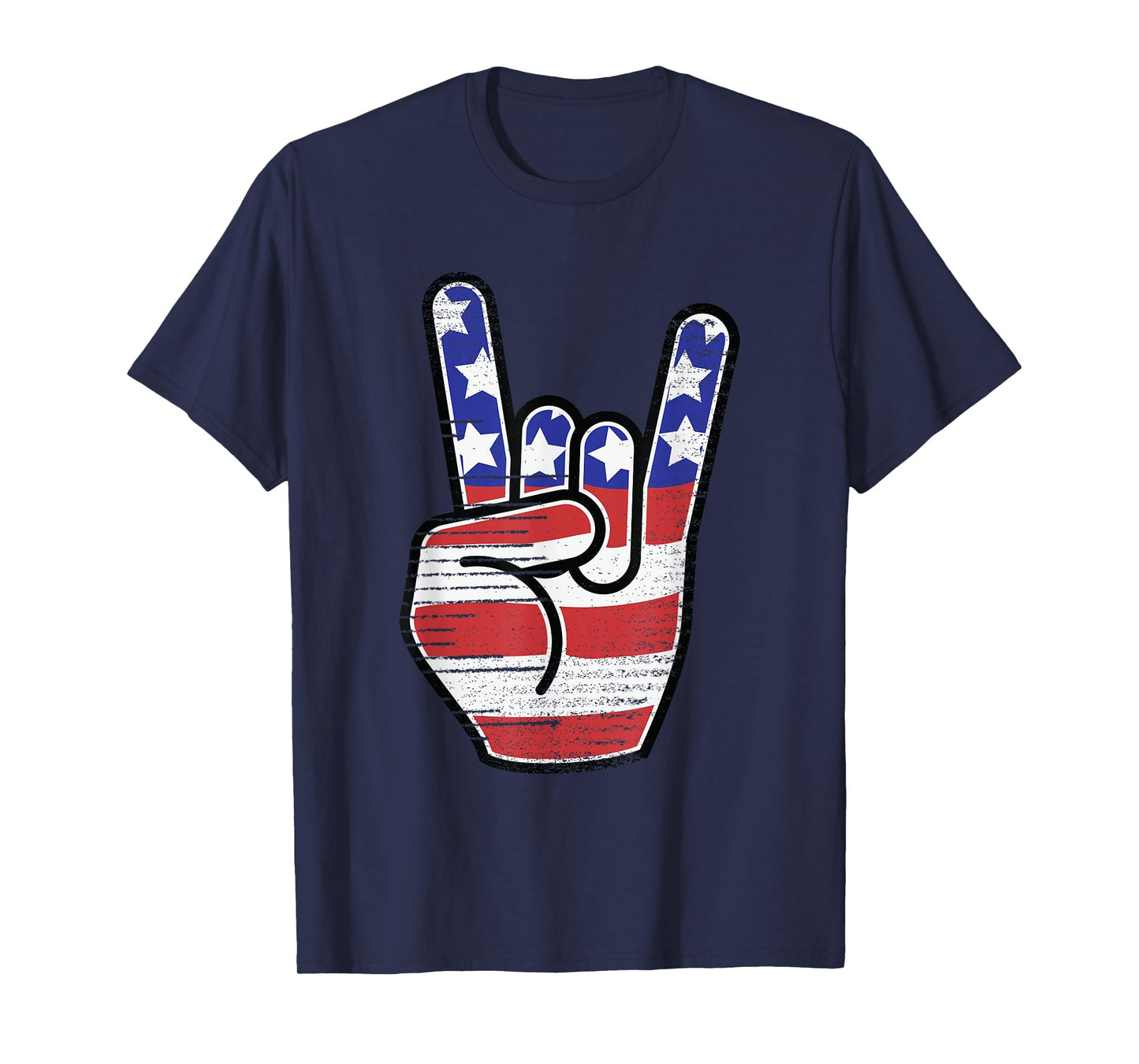 Rock n Roll Shirt USA Flag Horns Sign Retro Concert Band T-Shirt