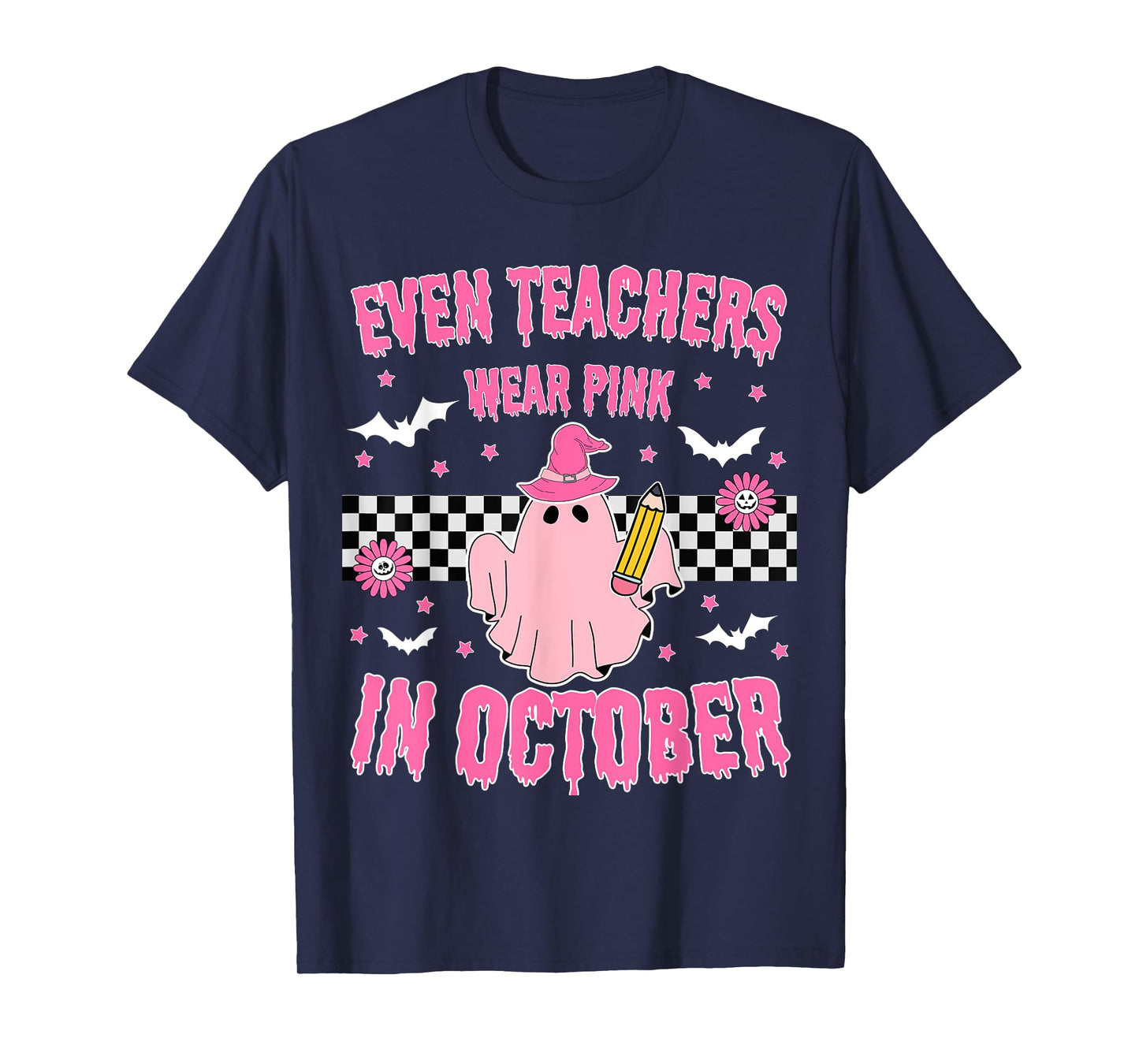 Even Teachers Wear Pink in October Halloween Breast Cancer T-Shirt