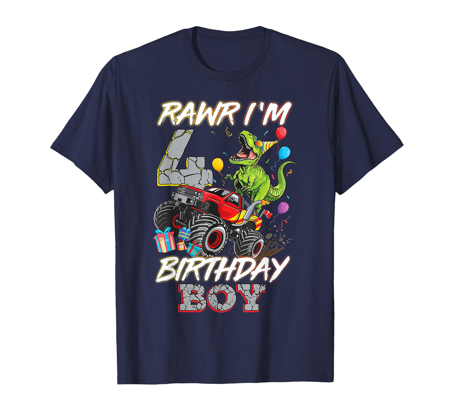 4th Birthday Boy Monster Truck Dinosaur Rawr I'm 4 Year Old T-Shirt