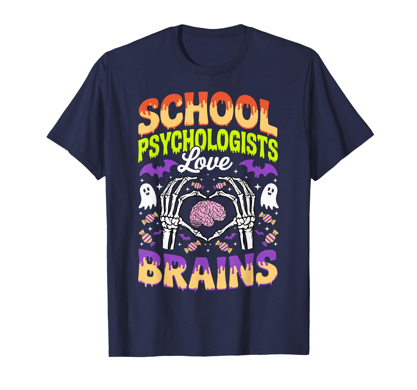 School Psychologist Love Brains Ghost Skeleton Halloween T-Shirt