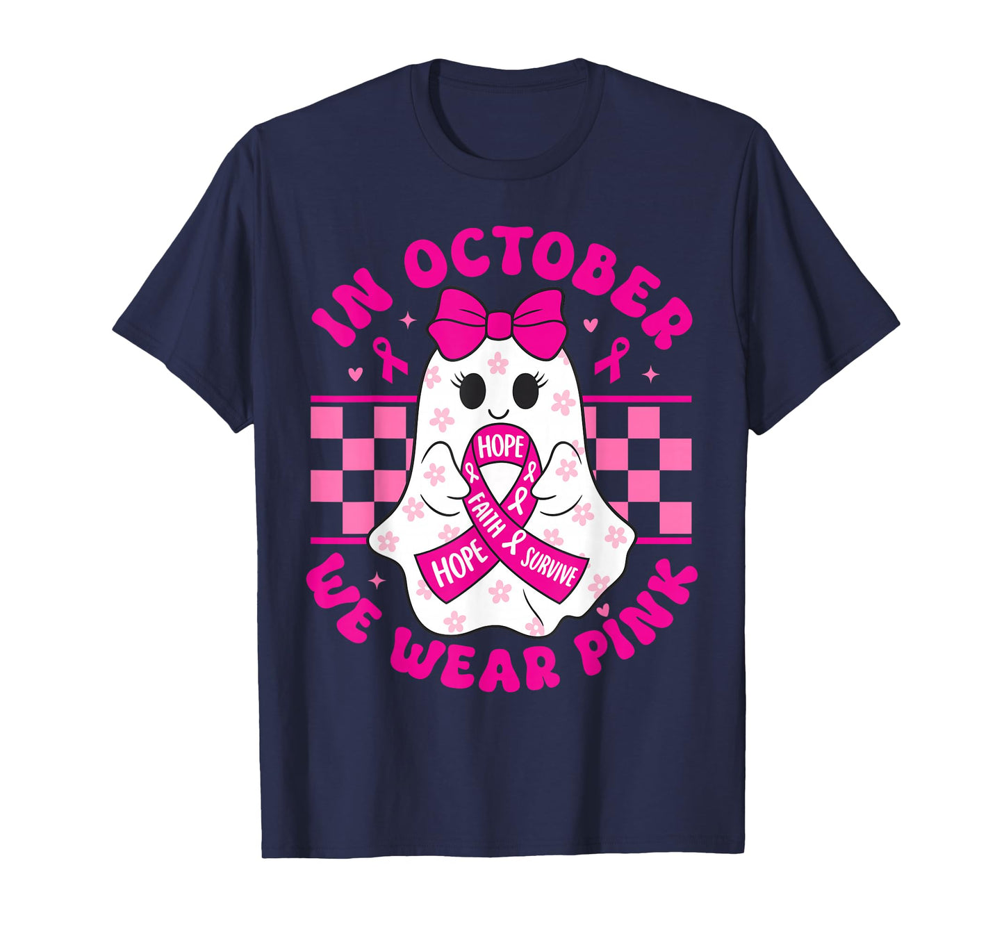 Breast Cancer Spooky Halloween Ghost in October We Wear Pink T-Shirt