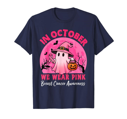 in October We Wear Pink Breast Cancer Awareness Halloween T-Shirt