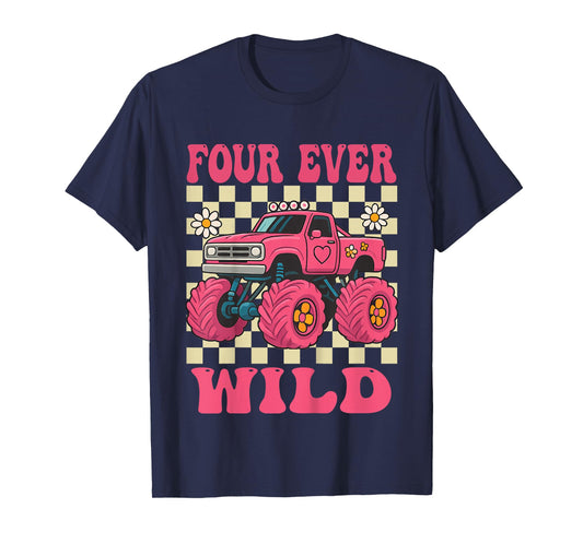 Funny Four Ever Wild 4th Birthday Kids Monster Truck T-Shirt