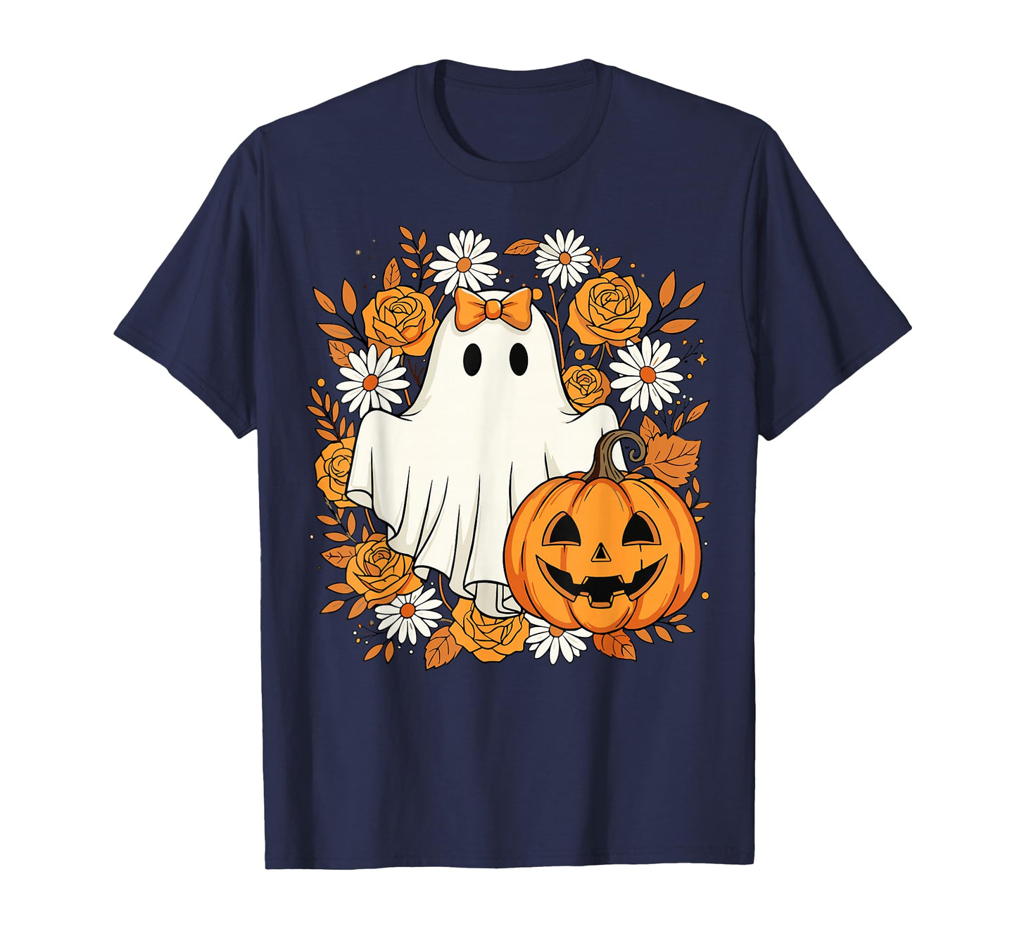 Cute Ghost Pumpkin Floral Halloween T-Shirt