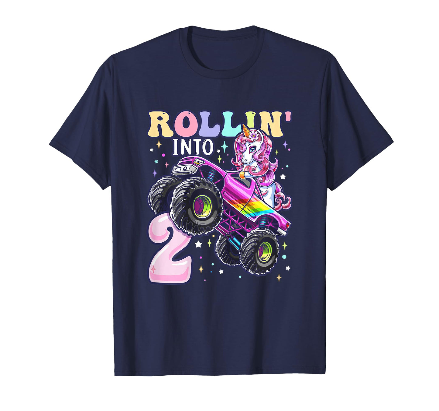 Unicorn Monster Truck 2nd Birthday 2 Year Old Girls Party T-Shirt