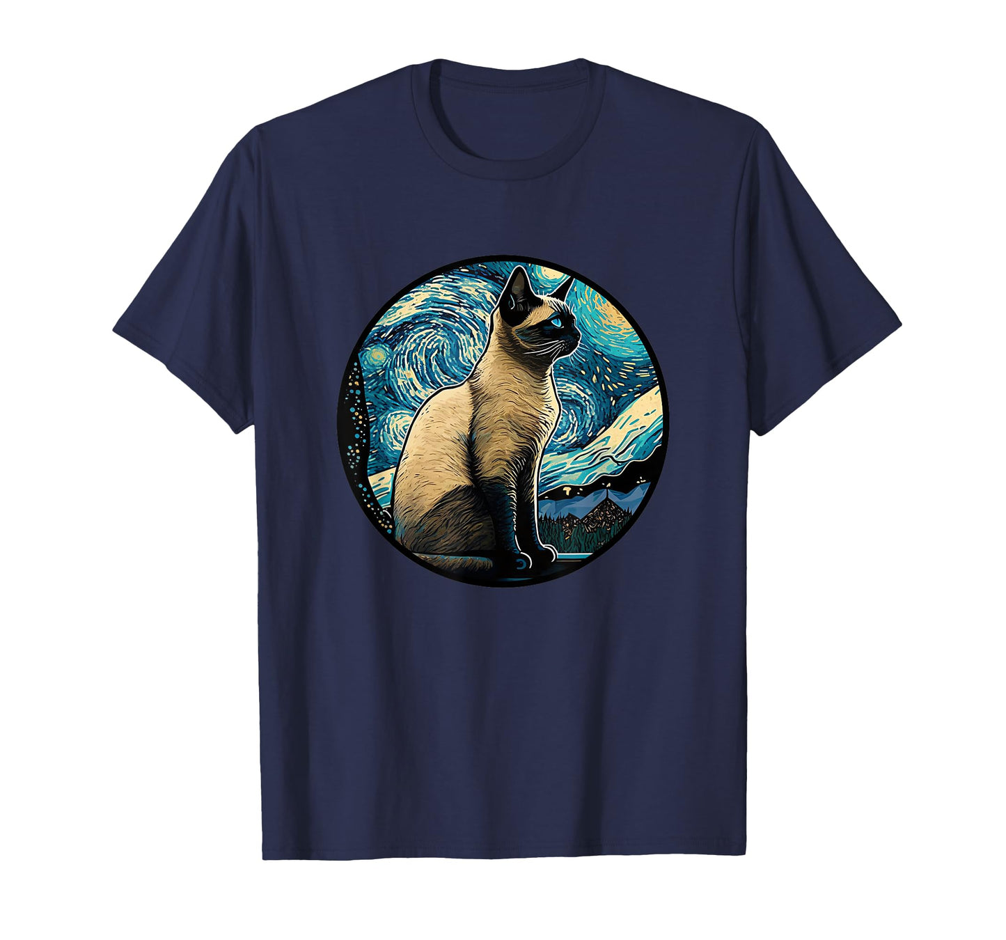 Siamese Cat in Starry Night Painting Men Women Kids T-Shirt