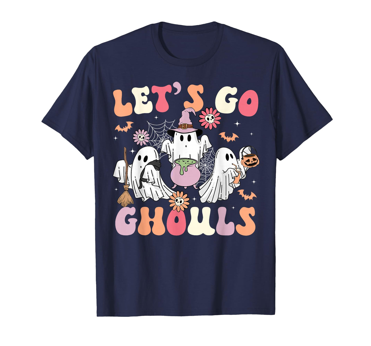 Let's Go Ghouls Halloween Costume Ghost Witch Groovy Retro T-Shirt
