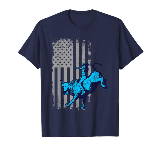 Vintage American Flag Bucking Bull Riding Patriotism Rodeo Women Kids Men T-Shirt