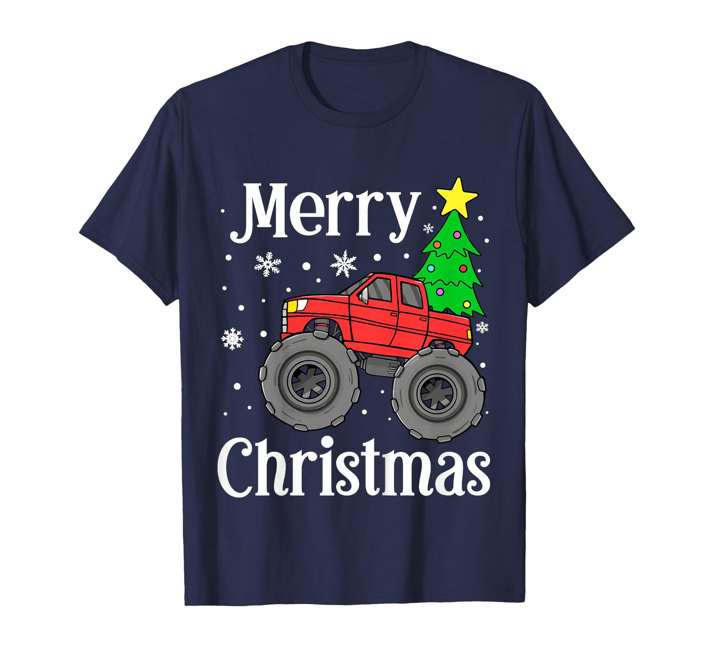 Kids Boys Monster Truck Merry Christmas Tree Snowflakes Toddler T-Shirt