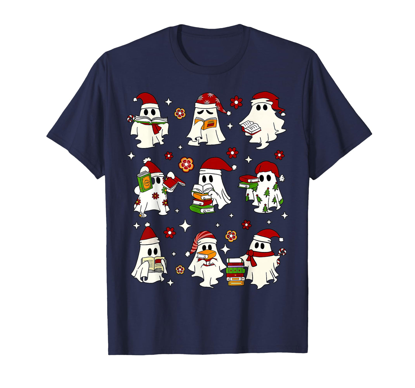 Funny Santa Ghost Reading Books Christmas Library Teacher T-Shirt