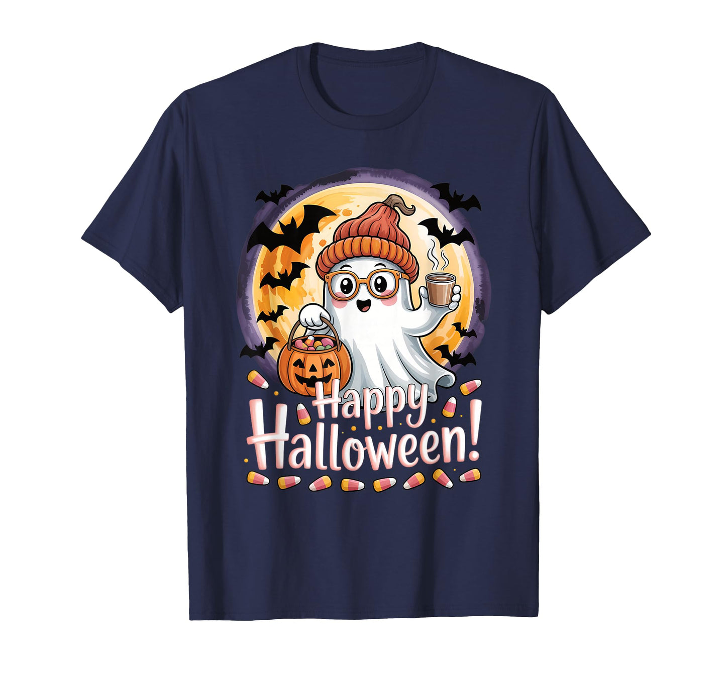 Halloween Cute Ghost Pumpkin Bats Moon Girls Kids Women T-Shirt