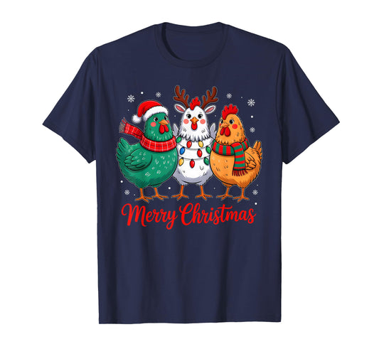 Merry Christmas Chicken Farmer Animal Santa Hat Xmas Lights T-Shirt
