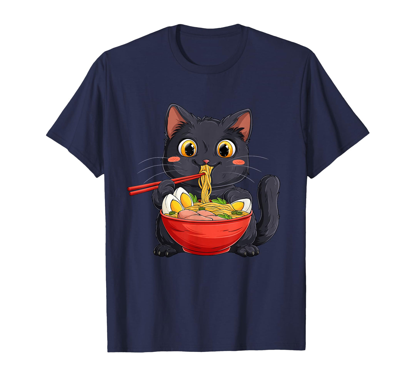 Black Cat Eating Ramen Noodle – Kawaii Anime Style T-Shirt
