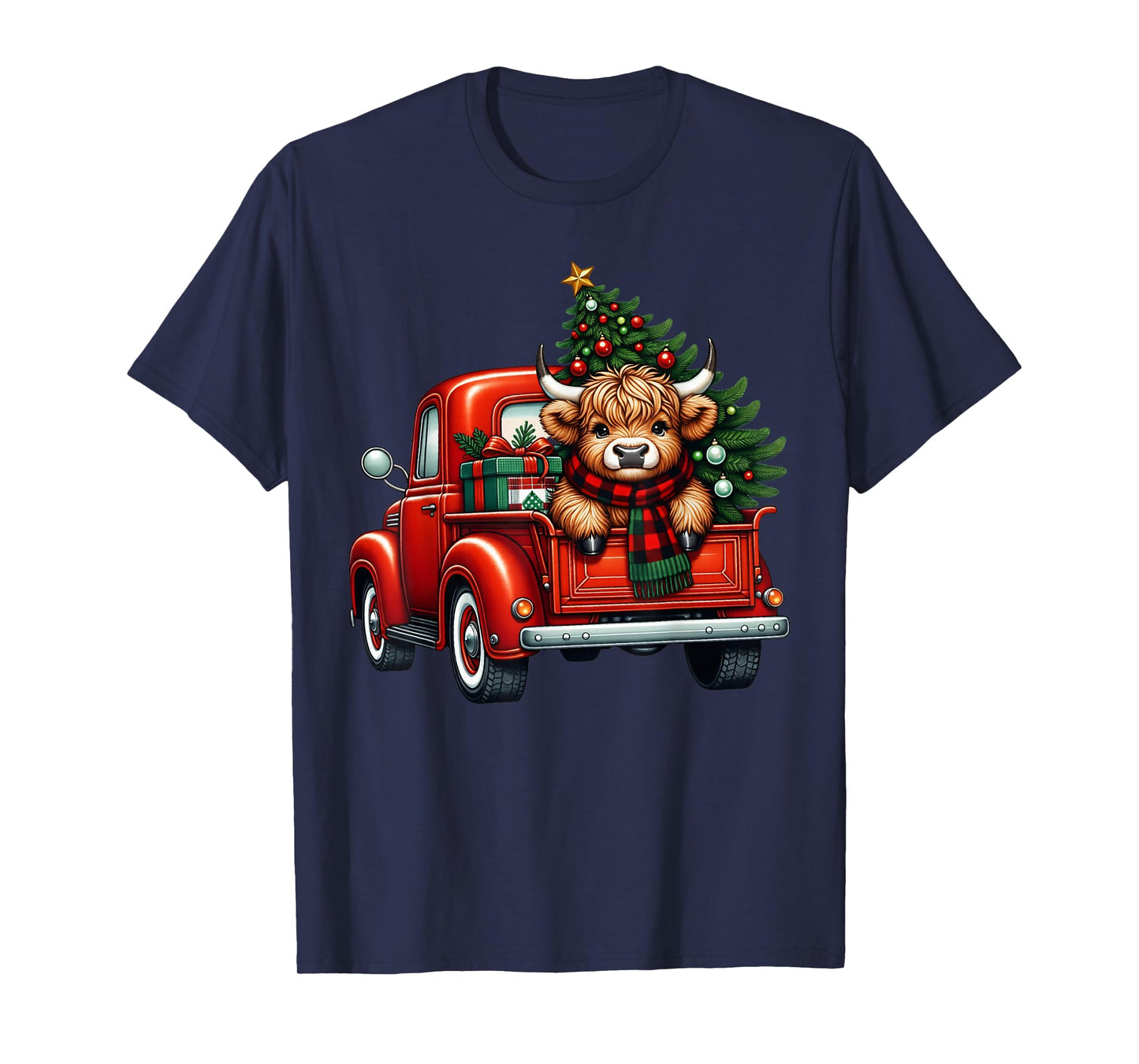 Merry Christmas Highland Cow Santa Hat Red Truck Xmas Tree T-Shirt