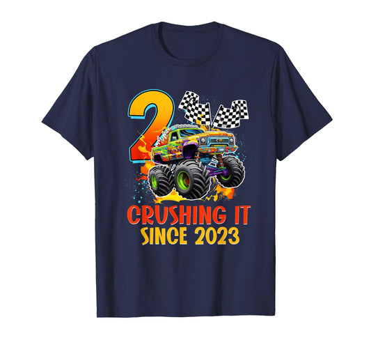 2 Crushing It Since 2023 Birthday Boys Monster Truck 2nd T-Shirt