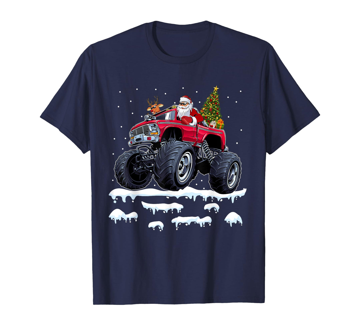 Reindeer Santa Riding Monster Truck Christmas Tree Men Boy T-Shirt