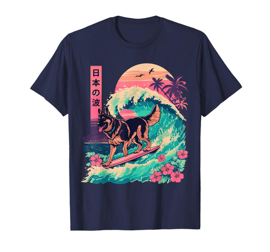 Japanese German Shepherd Surfing Wave Great Wave Japan T-Shirt