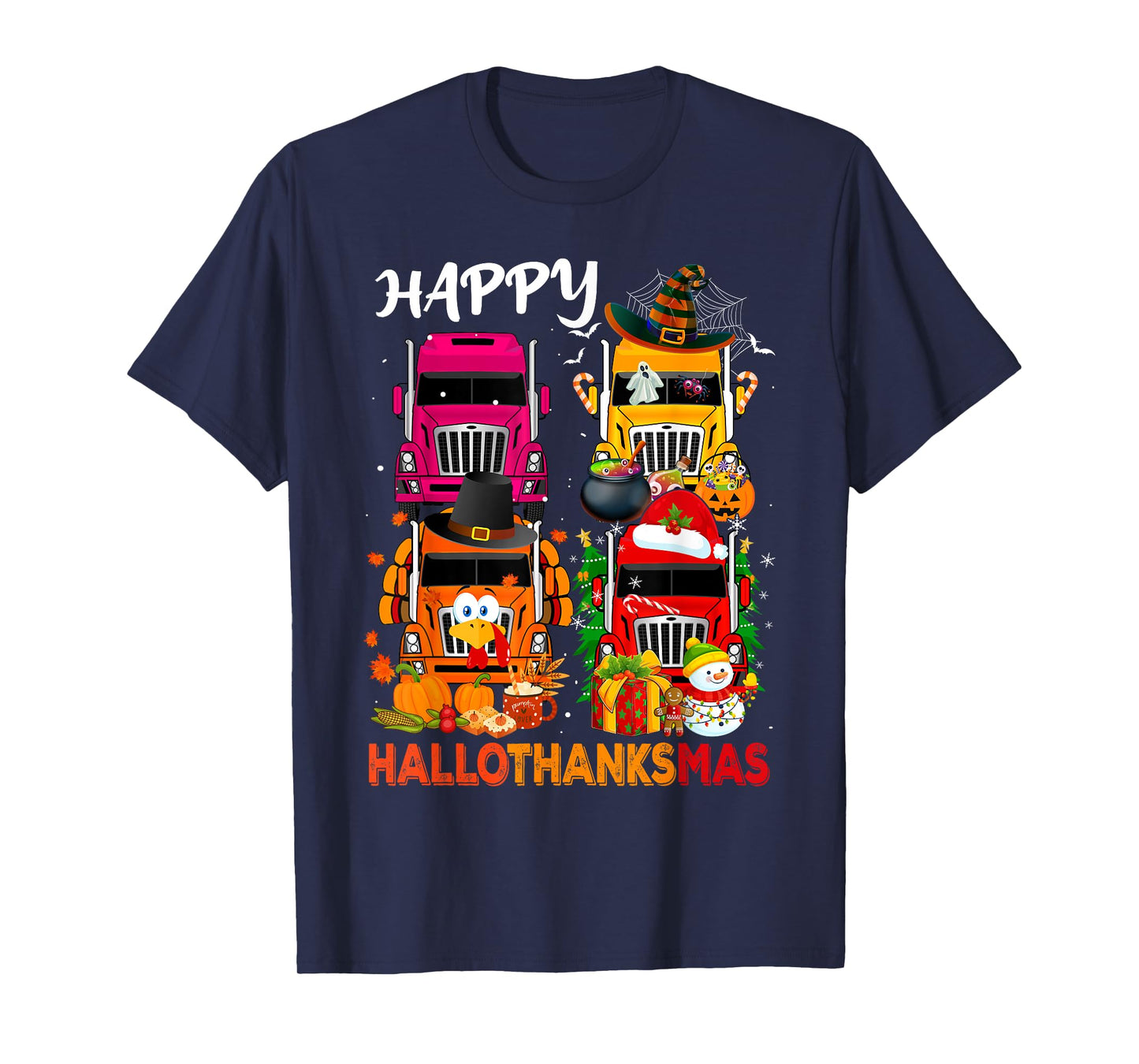 Witch Turkey Santa Trucks Truckers Happy HalloThanksMas Men T-Shirt