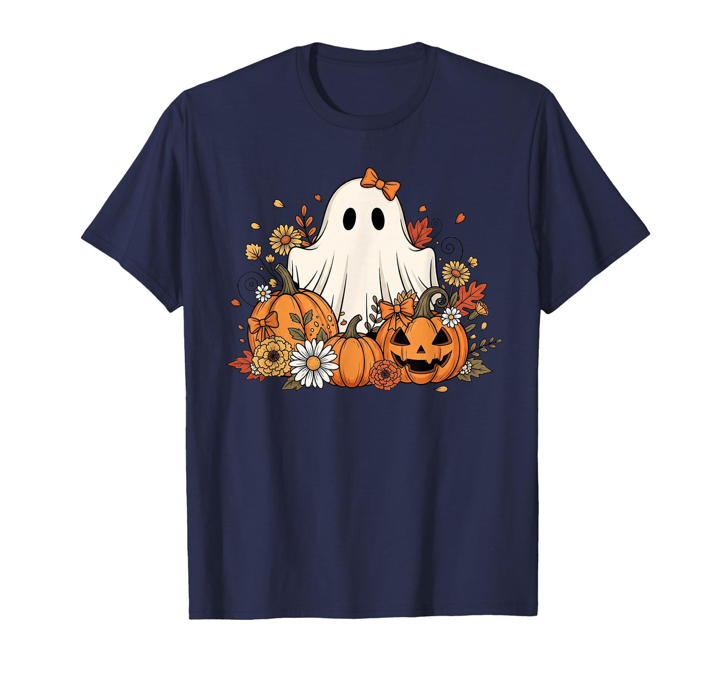 Cute Ghost With Flower Halloween Pumpkin Autumn Women T-Shirt