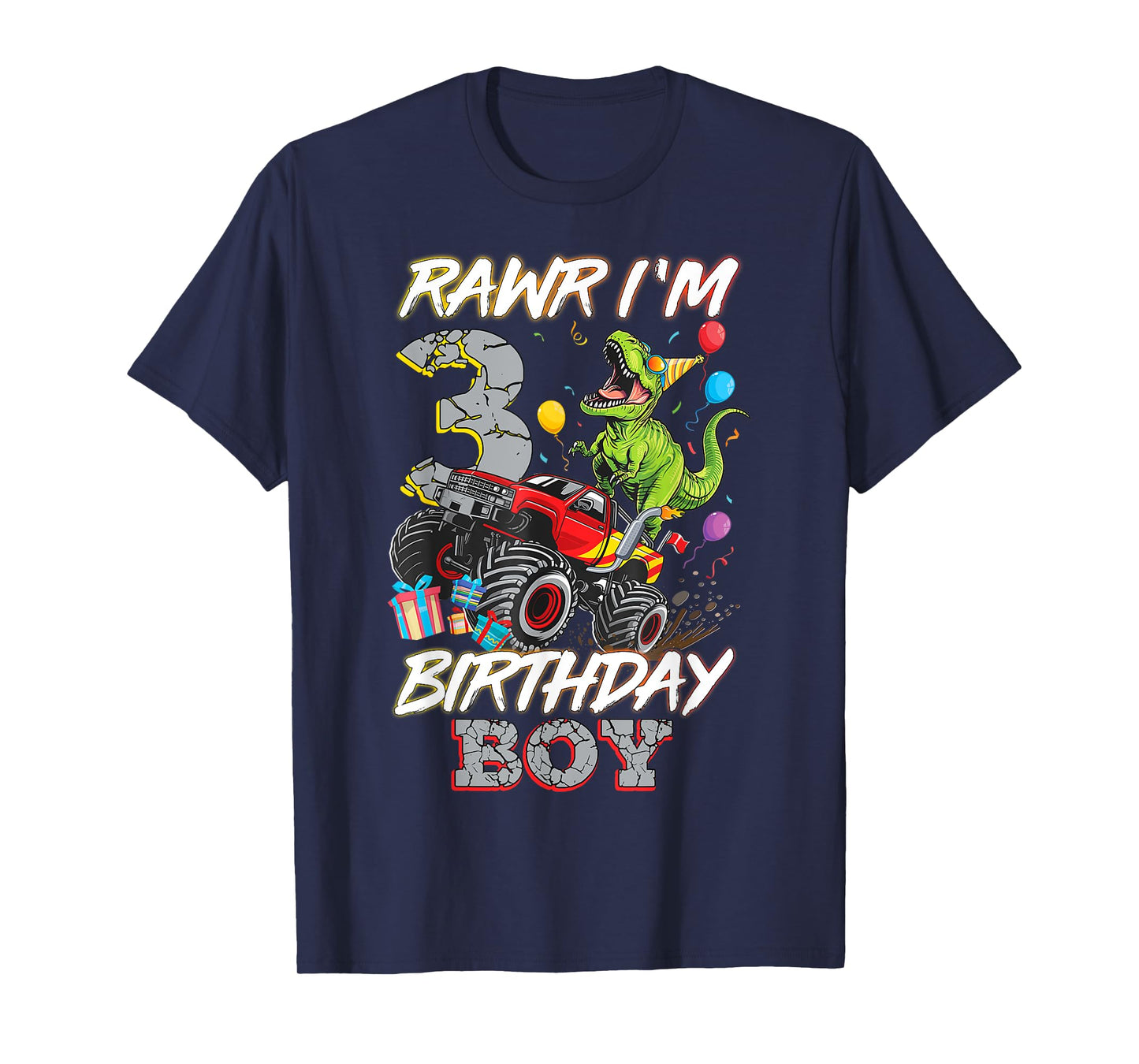 3rd Birthday Boy Monster Truck Dinosaur Rawr I'm 3 Year Old T-Shirt