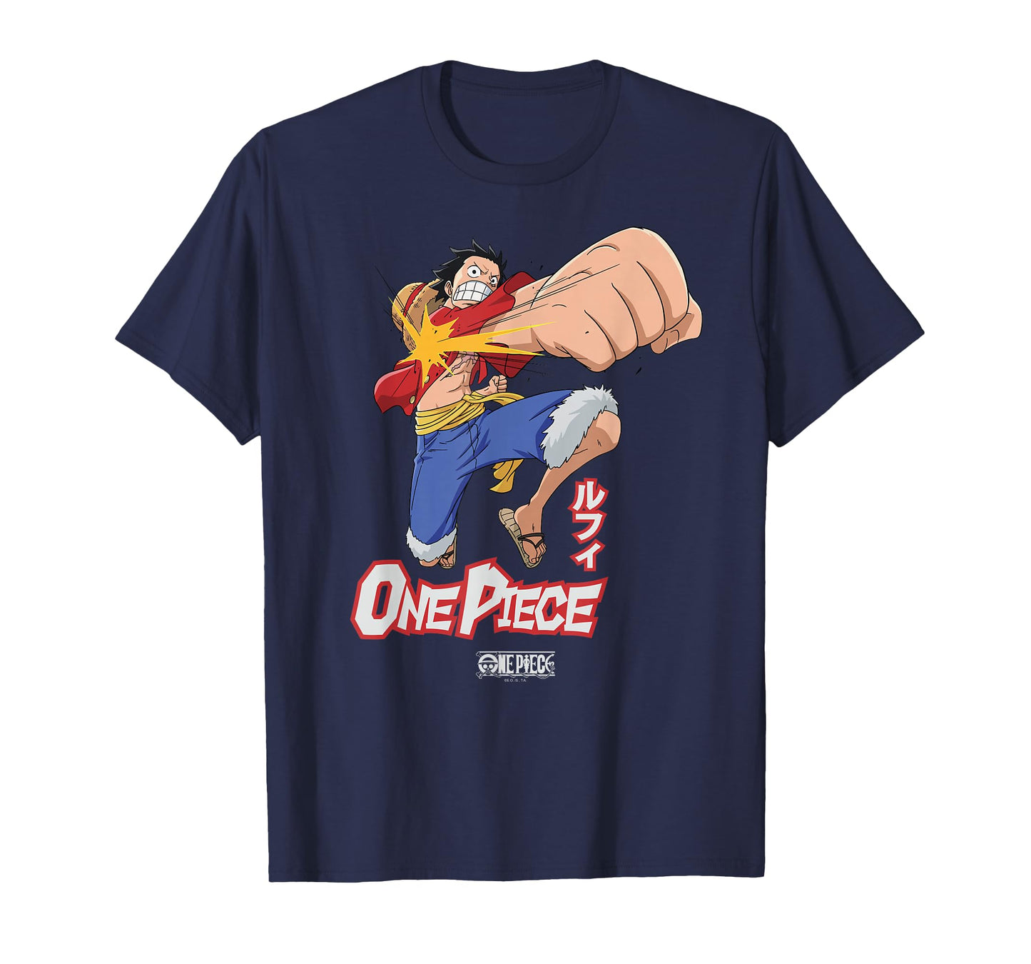 One Piece Anime Luffy Attack Pose Flying Fist with Kanji T-Shirt