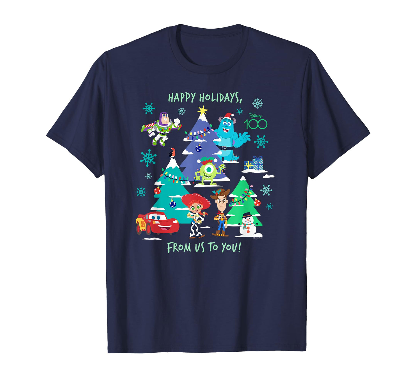 Disney 100 and Pixar Christmas Happy Holidays from Us to You T-Shirt