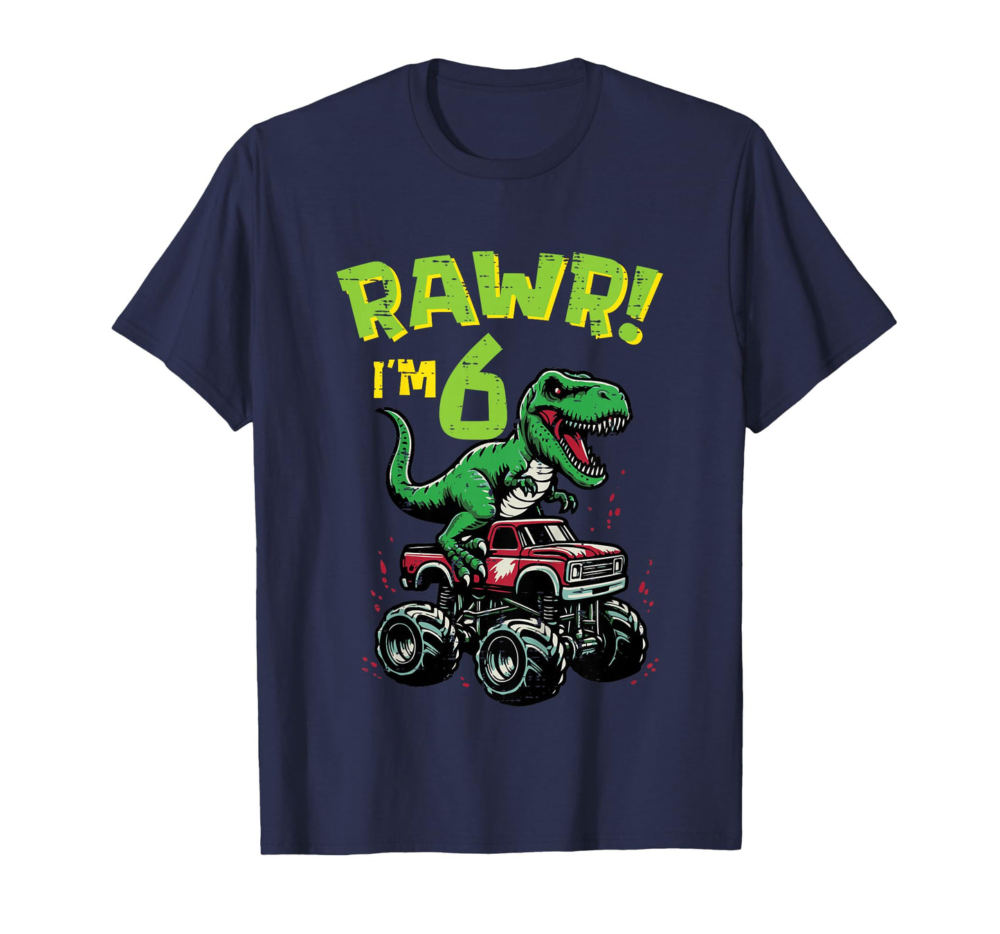 Kids Rawr Im 6 Dino On Monster Truck 6th Birthday Trex Boys Kids T-Shirt