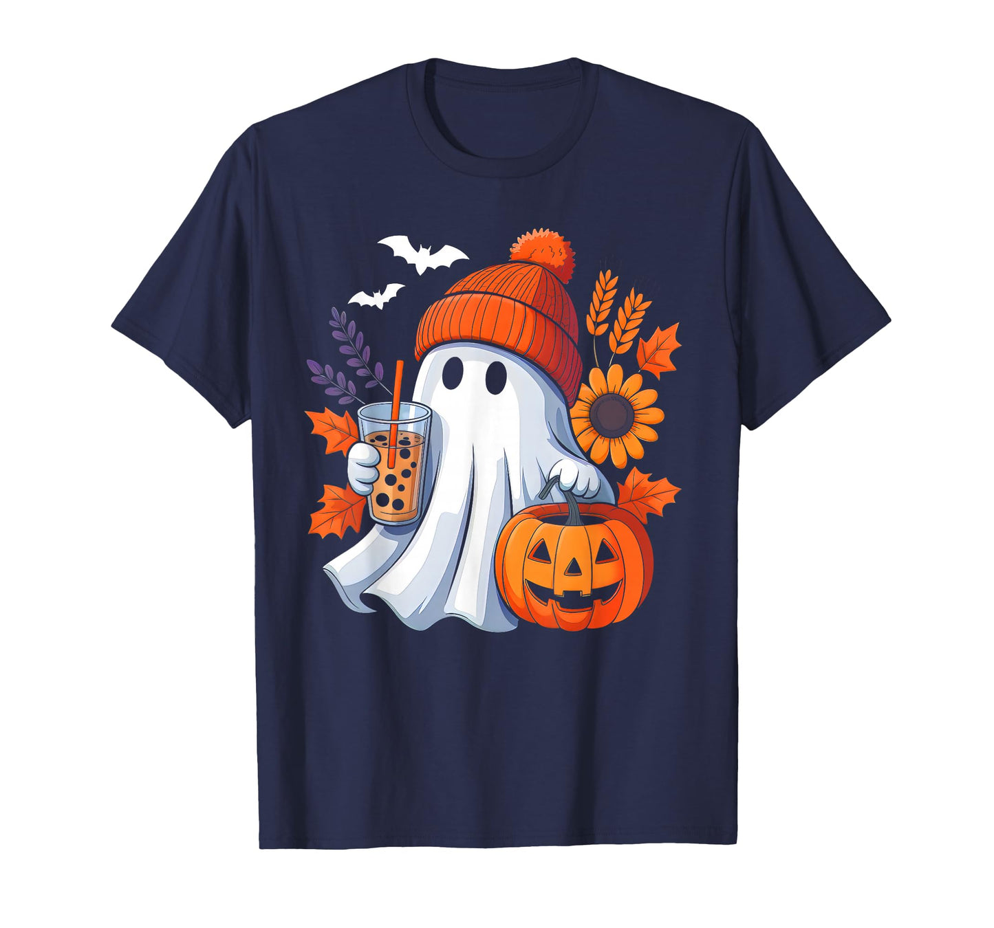 Cute Ghost Drinking Coffee Autumn Pumpkin Halloween Costume T-Shirt