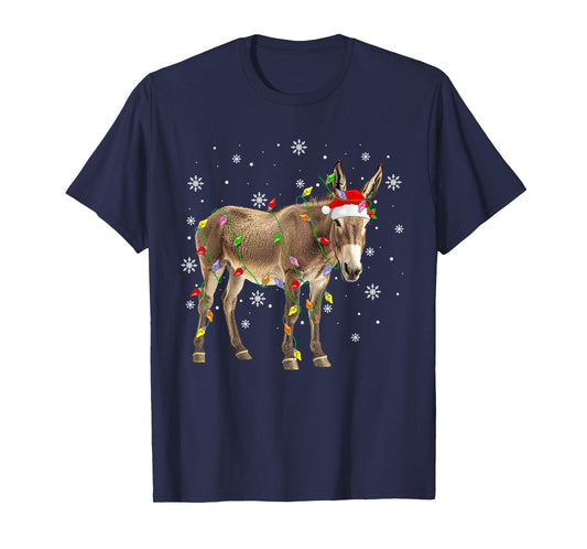 Donkey Mule Christmas Lights Funny Santa Hat Animal Xmas T-Shirt
