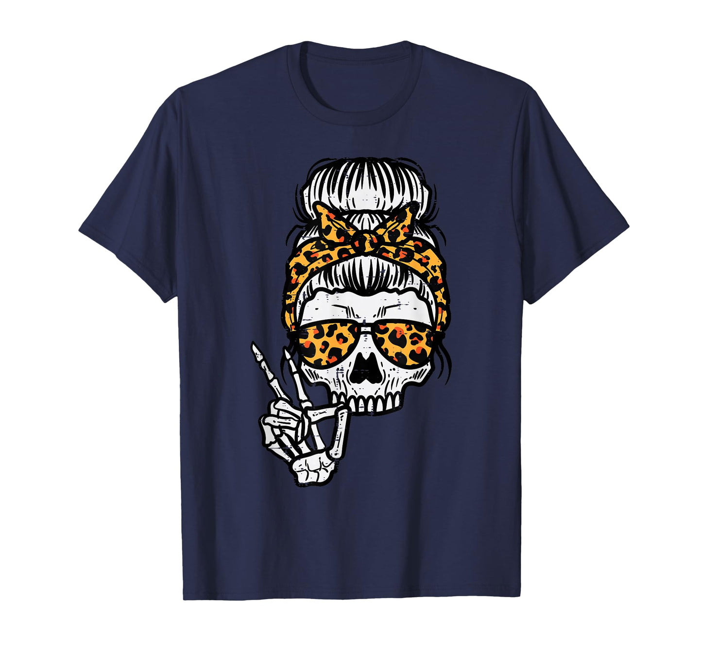 Skeleton Skull Leopard Hairbun Halloween Costume Women Mom T-Shirt