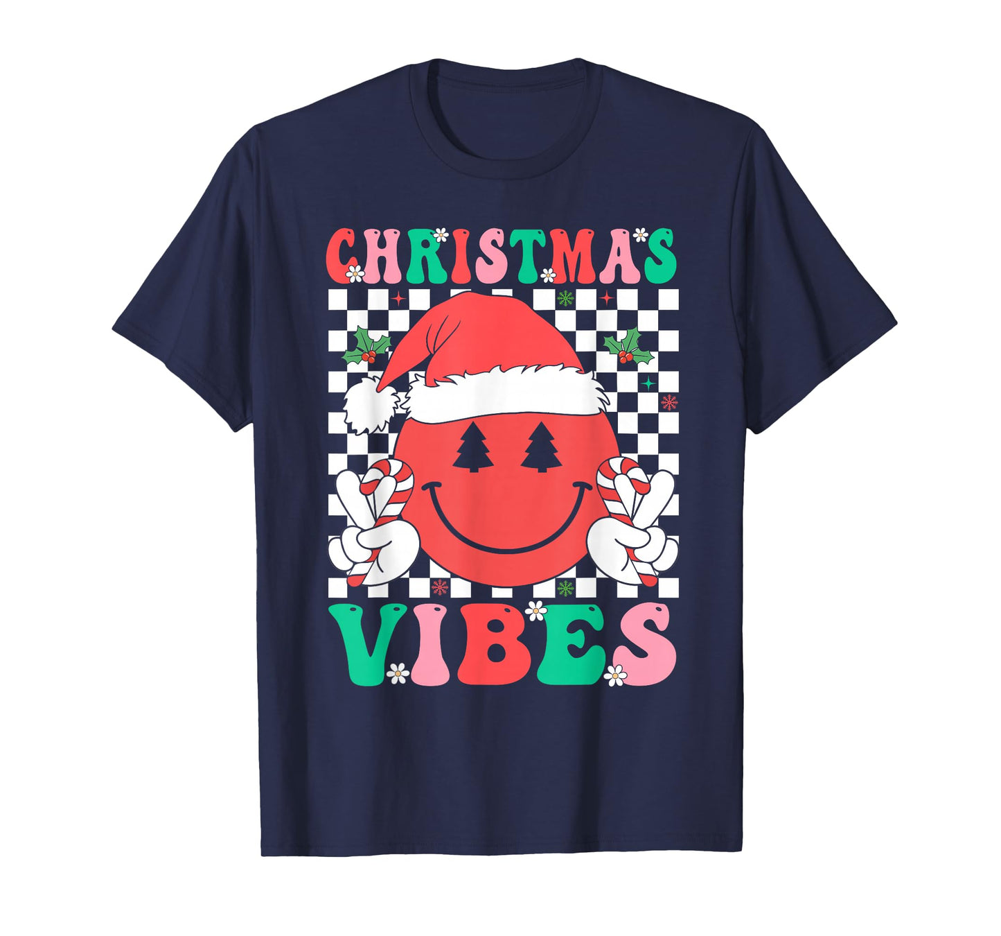Groovy Christmas Vibes Smile Face Santa Hat Xmas Girls Women T-Shirt