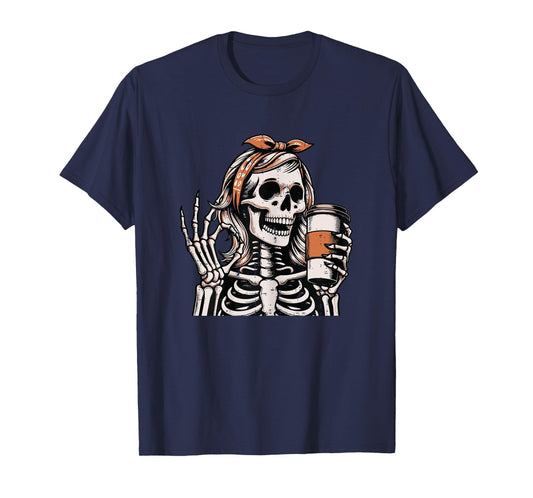 Halloween Skeleton Woman Ok Hand Coffee Costume Women Girls T-Shirt