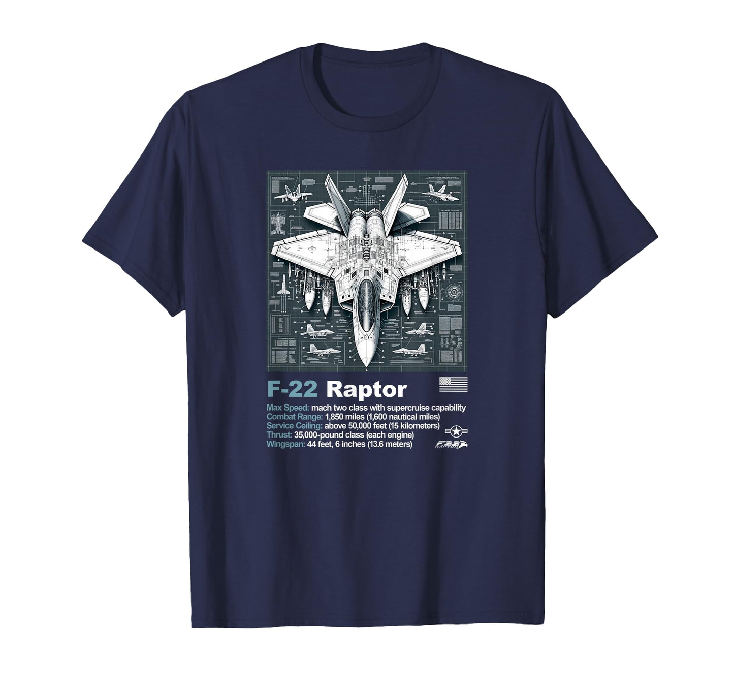 F22 Raptor Fighter Jet Blueprint Technical Drawing & Specs T-Shirt