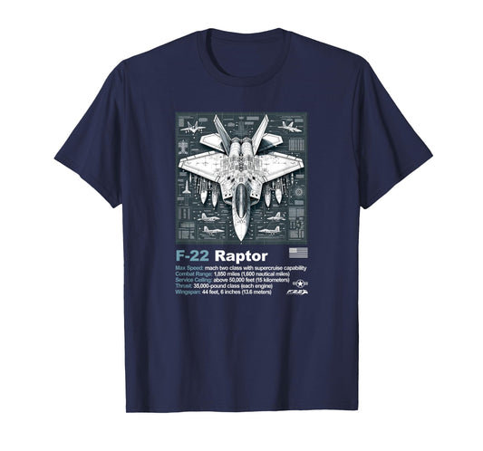 F22 Raptor Fighter Jet Blueprint Technical Drawing & Specs T-Shirt