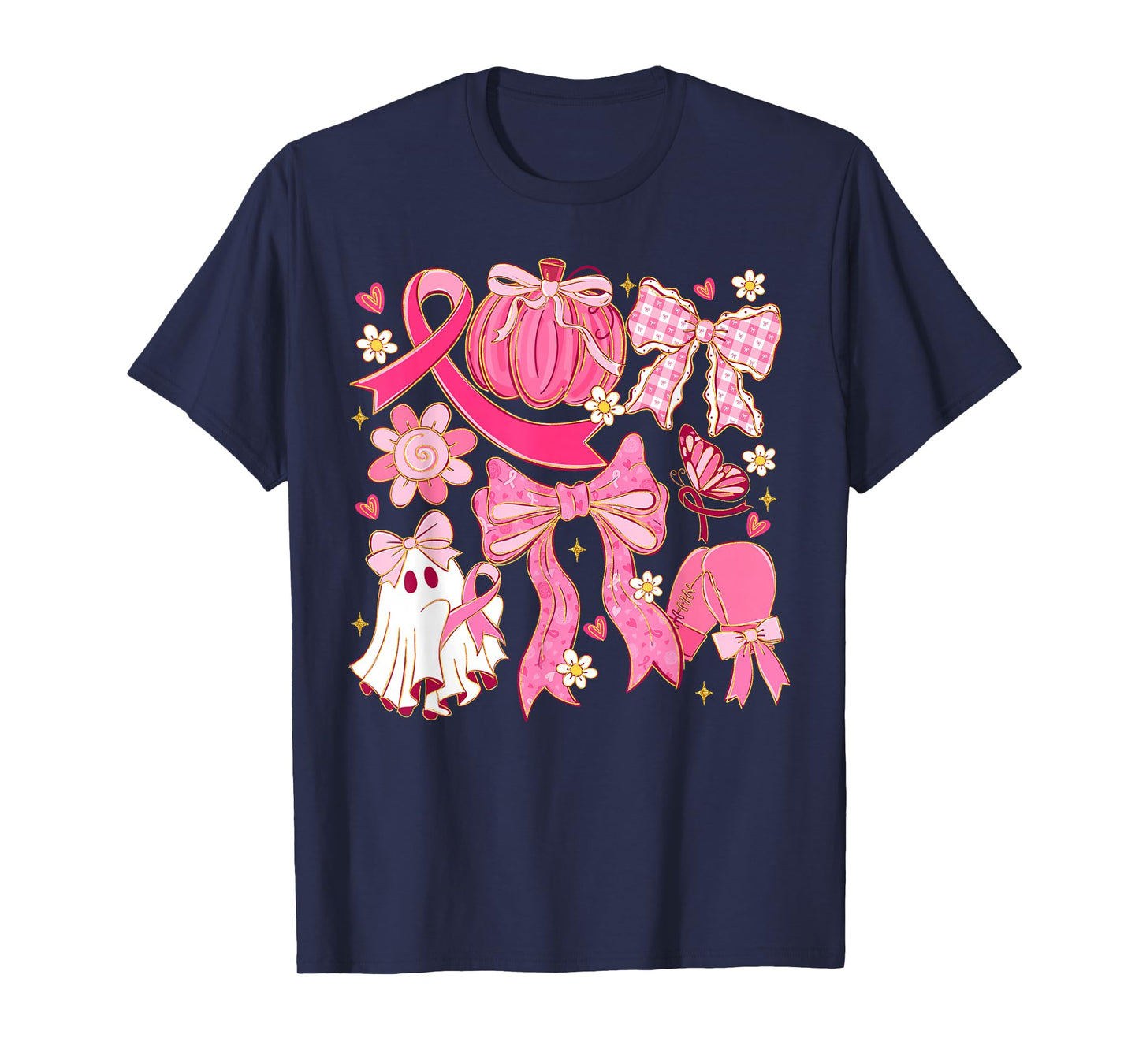Breast Cancer Pink Ribbon Ghost Halloween Pumpkin Coquette T-Shirt