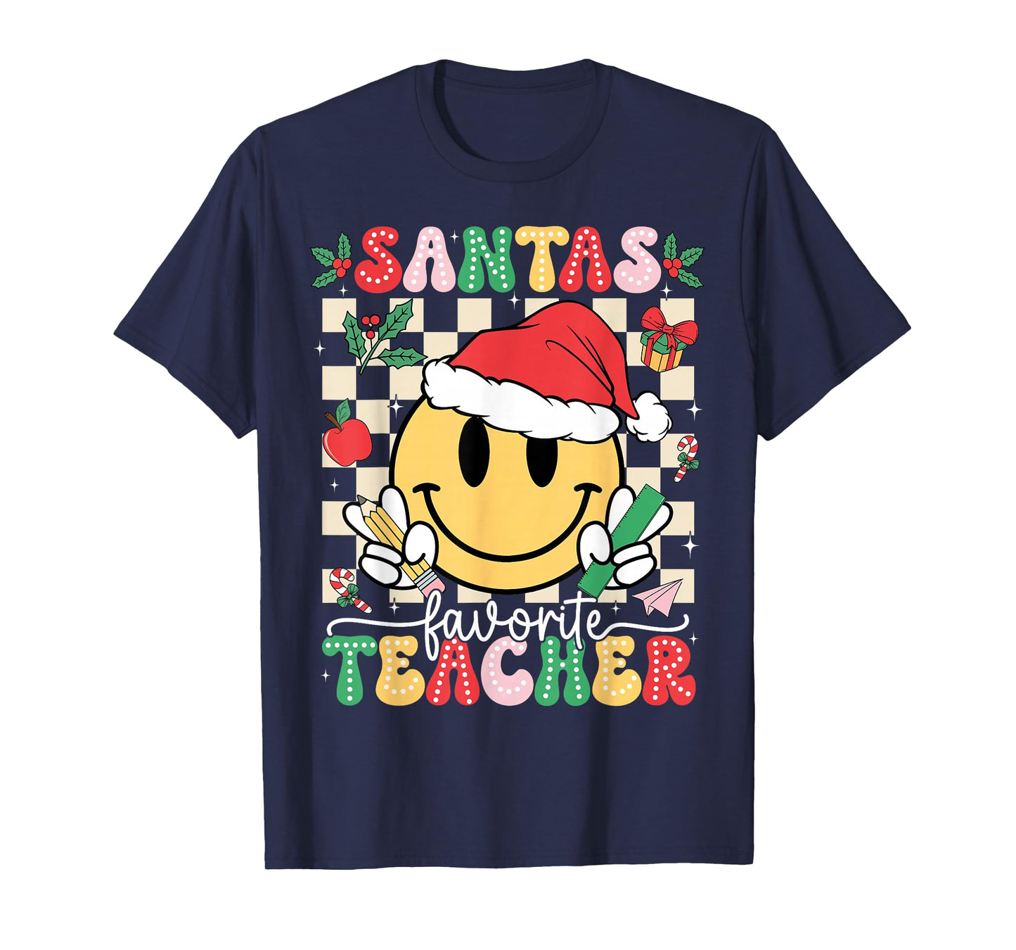 Santas Favorite Teacher Retro Groovy Smile Face Christmas T-Shirt